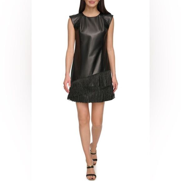 NWT DKNY | Black Faux Leather Fringe Trim Sleeveless Mini Dress 4 - Picture 1 of 11